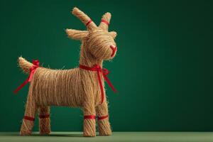 Straw goat sculpture with braided texture, decorate with red ribbon bows around neck, legs, and tail. Woven from natural materials, standing on a flat surface, exuding rustic charm photo