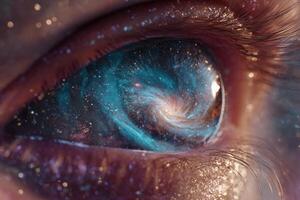 I don't have information on who this person is. An eye stunningly reflects a swirling galaxy, with shimmering stars and cosmic colors blending seamlessly, creating a mesmerizing, surreal effect photo