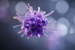 Purple translucent abstract structure with spiky protrusions, floating against a soft-focus bokeh background. The spherical form creates a dynamic and otherworldly visual impact photo