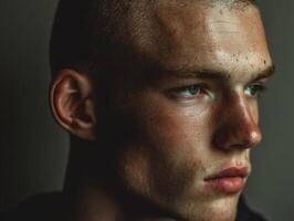 Close-up portrait of a young person with a shaved head gazing sideways, capturing light on their skin with intricate detail and focus, highlighting a calm, contemplative expression photo