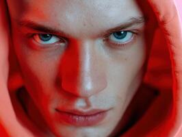 Intense close-up of person with focused gaze, highlighting blue eyes and facial features. Red hoodie creates dramatic contrast, enhancing the intensity and mood of the portrait photo