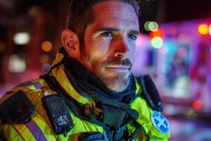 Focused emergency worker in reflective uniform and communication gear looks alert during nighttime duty, bathed in colorful lights. Background is blurred, enhancing subject's concentration photo