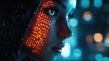 Close-up of a woman's face with glowing digital binary code in orange over her skin, set against a blurred backdrop. Her eye is highlighted with detail, conveying a futuristic theme photo