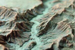 Intricate close-up of a textured 3D terrain model showcasing winding valleys and rugged mountainous landscape in earthy brown and green hues, emphasizing geological features and elevation photo