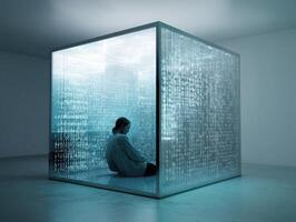A person sits inside a transparent cube filled with abstract text that resembles code. The ambient lighting casts a soft blue hue, creating a futuristic and contemplative atmosphere photo
