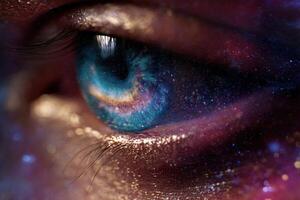 A close-up of a human eye with vivid blue and gold colors, resembling a cosmic scene. Glitter and stardust surround the eye, giving it a surreal and mystical appearance photo