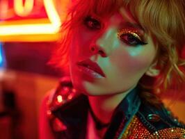 Red and orange neon lights illuminate a person with glittery gold eye makeup and glossy lips. The scene is vibrant and colorful, with a hint of retro style evident in the look photo