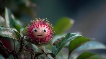 Cute, smiling red-haired creature with googly eyes sits among green leaves on a branch, contrasting with the blurred natural background, giving a playful and whimsical feel photo