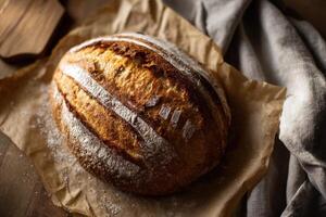 Oval loaf of bread with a golden crust on parchment paper, dusted with flour, surrounded by folded gray linen and wooden board, capturing rustic and homemade baking ambiance photo