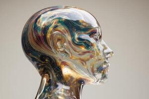 Artistic glass sculpture of a human head with a colorful swirling pattern, blending various shades within a translucent structure the right side profile emphasized in abstract form photo