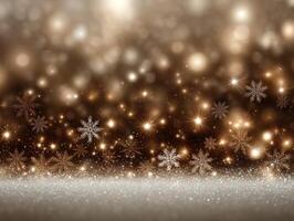 Snowflakes of various sizes and intricate designs float against a blurred, twinkling light background, creating a festive and dreamy winter ambiance in shades of gold and white photo