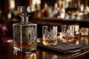 Elegant glass decanter and two matching tumblers with intricate gold floral designs on a wooden bar, partially filled with amber liquid, in a cozy, dimly lit bar setting photo