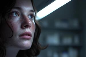 Young woman with freckles gazes upward under soft fluorescent light, casting a serene glow. Shelves with blurred objects in the background suggest a contemplative setting photo
