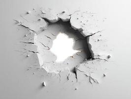 A large, jagged hole in a rough, cracked white surface with visible debris and shadows. The irregular edges and fractures suggest a forceful impact or destruction photo