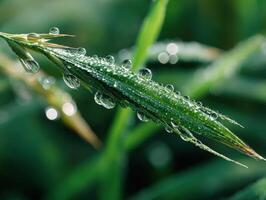 Close-up of a green leaf covered in fresh water droplets, creating a shimmering effect. The background is blurred, highlighting the texture and details of the dewdrops on the leaf surface photo