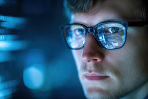 Young man with eyeglasses reflects blue digital screens, intense focus, futuristic tech setting, blurred background, close-up on face, thoughtful expression, short hair, youth photo