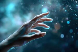 A delicate hand reaching out towards glowing particles and abstract lights, creating a dreamy atmosphere. The scene suggests a sense of wonder, exploration, and connectivity photo