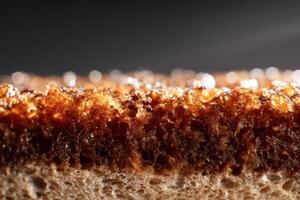 Close-up of a slice of toasted bread with a crispy, golden-brown crust and a soft interior. Tiny crumbs and glistening light spots create an appetizing texture across the surface photo