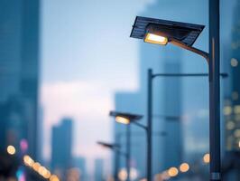 Streetlights line a city road at dawn, emitting a warm glow. A tall building in the blurred background suggests an urban scene. Bokeh effect creates a dreamy atmosphere photo