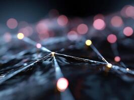 Abstract connections form a web of glowing dots linked by lines in soft focus. Red and orange lights scatter, creating a futuristic network with a dark, blurred background effect photo
