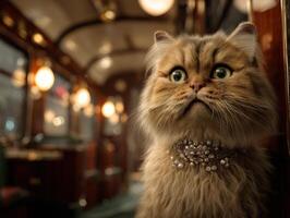 Fluffy cat with wide eyes wears an elegant pearl necklace, sitting inside a vintage train car with soft, warm lighting and blurred background, conveying a luxurious, whimsical atmosphere photo