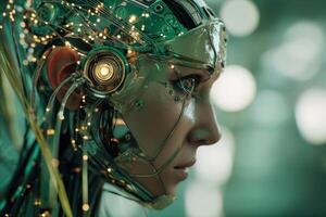 A futuristic humanoid with intricate electronic components and glowing circuits is shown in profile, evoking a high-tech and advanced AI vibe. Lighting effects highlight the metallic textures photo