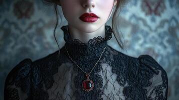 Elegant woman wearing black lace dress, red lips, and a pendant necklace. Her face is partially shown, with a subtle expression. Background features intricate patterns photo