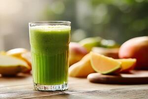 Tall glass filled with frothy green juice on a wooden table, surrounded by blurred slices of yellow and green fruits, including some whole fruits in the background photo