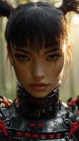 Intense gaze of a woman in intricate black armor with red accents, styled hair with two ponytails, standing in a softly lit natural setting, suggesting a warrior theme photo