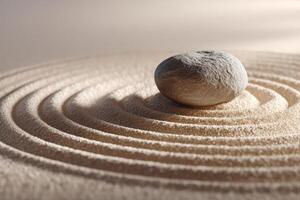 Smooth stone rests atop raked sand creating concentric circles. Soft shadows and light highlight the texture of the sand and the natural form of the stone, evoking tranquility and balance photo
