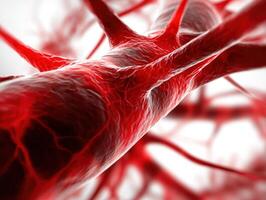 Close-up of intricate red blood vessels interwoven protectively, showcasing their detailed textures and fibrous structure, emphasizing the vitality and complexity of the human circulatory system photo
