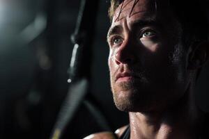 Focused man with sweat on his face, looking intensely off-camera, with dark hair and a determined expression. Strong lighting highlights facial features in a dramatic way photo