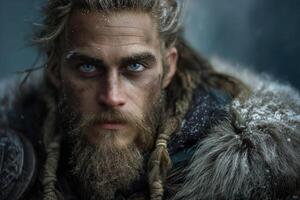 Rugged warrior with piercing eyes, braided hair, and a thick beard, clad in fur. Snowflakes on his fur, intense gaze. Mystical, fierce expression reflecting strength and resilience photo