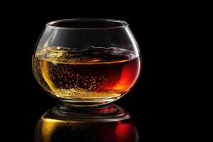 A rounded glass filled with amber liquid, displaying bubbles and subtle reflections. The drink's rich color contrasts with the dark background, creating an elegant and sophisticated scene photo