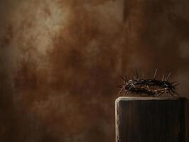 Crown of thorns rests atop a wooden block, casting shadows against a softly lit, textured background in subtle brown hues, evoking a somber and contemplative mood photo