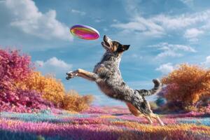 A dog energetically leaps to catch a colorful disc in mid-air, set in a vibrantly colored meadow. The sky is partly cloudy, adding depth to the lively and dynamic scene photo