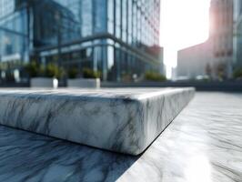 Marble slab sits on polished surface in cityscape, with blurred modern glass buildings and soft sunlight creating reflections and shadows, evoking elegance and urban sophistication photo