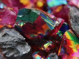 Colorful, iridescent mineral crystals with sharp, angular facets surrounded by dark, rough stones. Vibrant hues of green, red, blue, and orange create a captivating contrast photo