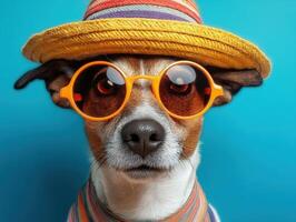 Dog wearing bright orange sunglasses and a multicolored striped hat, looking directly at the camera with alert ears and a patterned scarf, embodying a stylish, playful vibe photo