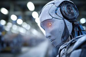 Robotic figure with futuristic design, metallic surface, and illuminated eye in a blurred industrial setting. The atmosphere suggests advanced technology and innovation vision photo