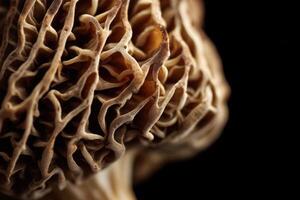 Textured mushroom cap showcases intricate patterns of interconnected ridges and grooves, highlighted in soft, natural lighting. The detail reveals organic, complex natural beauty photo