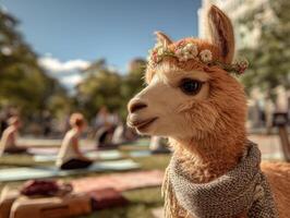 Llama with floral crown stands near people practicing yoga on mats. The focus is on the llama, wearing a cozy scarf. Sunlit outdoor scene with blurred trees and people in background photo