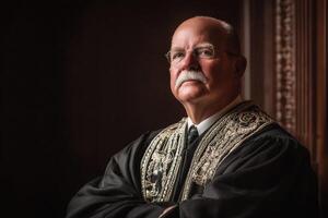 Elderly man with a mustache in ornate robe stands with arms crossed. Glasses perched on his nose. Detailed embroidery on robe adds elegance. Dark, blurred background. No text visible photo