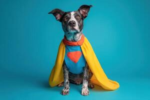 Dog wears superhero costume with blue shirt, red symbol on chest, and yellow cape. Ears perked up, sitting attentively, light blue background. Captivating and playful scene photo
