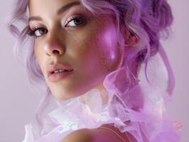 Young woman with delicate features, lavender hair, and soft pink lighting. Wearing a sheer, ruffled fabric, she gazes thoughtfully, with light illuminating her right side photo
