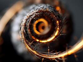 Abstract swirling spiral with glowing orange lights and fine metallic strands, creating a mesmerizing, dynamic visual effect. The design is intricate and appears energetic and futuristic photo