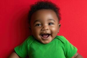 Adorable baby smiling widely, wearing a bright green shirt. The baby has curly hair and is lying down with arms slightly outstretched, creating a joyful and warm image photo