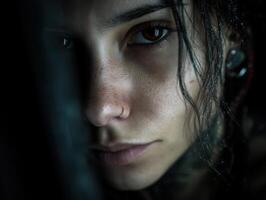 Mysterious close-up of a woman's face with intense gaze, nose ring, wet dark hair partially obscuring her features, and light freckles, creating a moody, enigmatic atmosphere photo