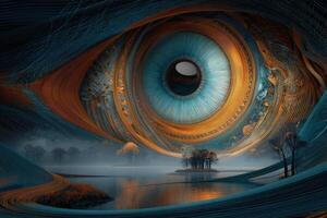 Surreal illustration featuring a giant eye with intricate patterns in blue and orange tones, overlooking a serene lake with small islands and sparse trees, creating a mystical atmosphere photo