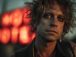 Man with curly hair and intense gaze stands in dim light, wearing eyeliner and layered clothing. Neon sign in the background reads MOTEL in red, creating a moody atmosphere photo